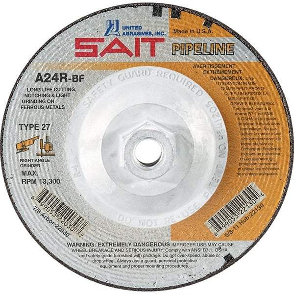 Sait - 24 Grit, 4-1/2" Wheel Diam, 1/8" Wheel Thickness, Type 27 Depressed Center Wheel - Aluminum Oxide, Resinoid Bond, R Hardness, 13,300 Max RPM, Compatible with Angle Grinder - USA Tool & Supply