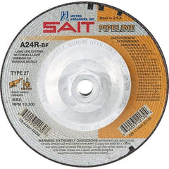 Sait - 24 Grit, 4-1/2" Wheel Diam, 1/8" Wheel Thickness, Type 27 Depressed Center Wheel - Aluminum Oxide, Resinoid Bond, R Hardness, 13,300 Max RPM, Compatible with Angle Grinder - USA Tool & Supply
