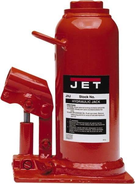 Jet - 12.5 Ton Capacity Hydraulic Bottle Jack - 9-1/2" to 18-1/2" High, 3-1/8" Screw Length, 6-1/2" Long x 4-1/8" Wide Base - USA Tool & Supply