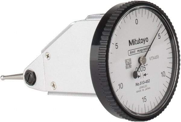 Mitutoyo - 0.03 Inch Range, 0.0005 Inch Dial Graduation, Vertical Dial Test Indicator - 1.5748 Inch White Dial, 0-15-0 Dial Reading, Accurate to 0.0005 Inch - USA Tool & Supply