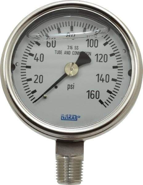Wika - 2-1/2" Dial, 1/4 Thread, 0-160 Scale Range, Pressure Gauge - Lower Connection Mount, Accurate to 2-1-2% of Scale - USA Tool & Supply