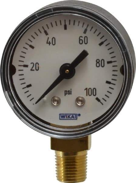 Wika - 1-1/2" Dial, 1/8 Thread, 0-100 Scale Range, Pressure Gauge - Lower Connection Mount, Accurate to 3-2-3% of Scale - USA Tool & Supply