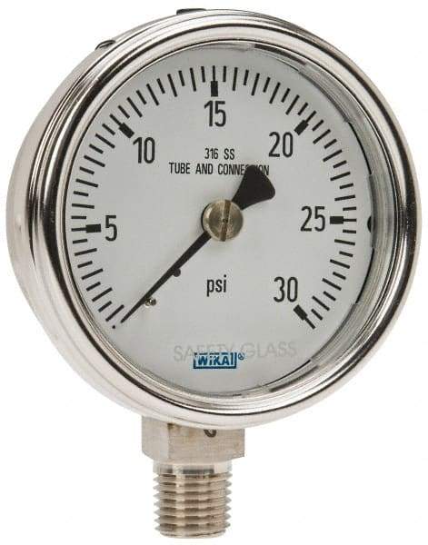 Wika - 2-1/2" Dial, 1/4 Thread, 0-30 Scale Range, Pressure Gauge - Lower Connection Mount, Accurate to 2-1-2% of Scale - USA Tool & Supply