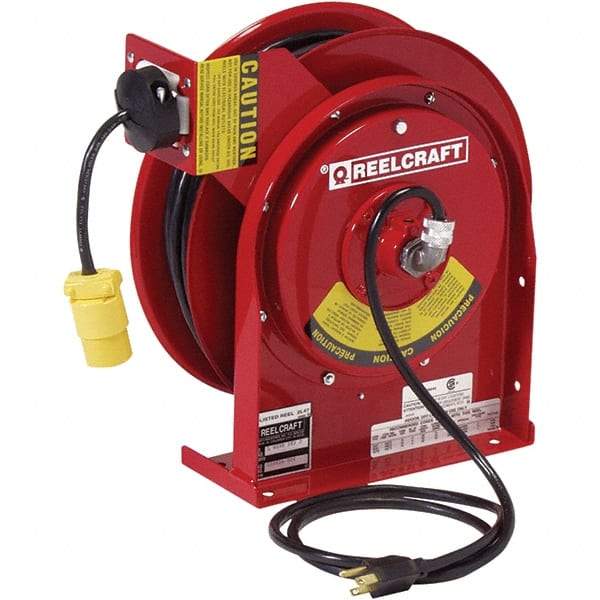 Reelcraft - 16 AWG, 50' Cable Length, Cord & Cable Reel with Single Nema 5-15 End - 1 Outlet, NEMA 4, 13 Amps, 125 Volts, SJTOW Cable, Red Reel, Spring Driven Reel - USA Tool & Supply