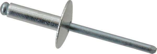 RivetKing - Size 68 Large Flange Dome Head Aluminum Open End Blind Rivet - Steel Mandrel, 0.376" to 1/2" Grip, 5/8" Head Diam, 0.192" to 0.196" Hole Diam, 0.7" Length Under Head, 3/16" Body Diam - USA Tool & Supply