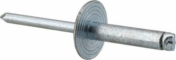 RivetKing - Size 610 Large Flange Dome Head Steel Open End Blind Rivet - Steel Mandrel, 0.501" to 5/8" Grip, 5/8" Head Diam, 0.192" to 0.196" Hole Diam, 0.825" Length Under Head, 3/16" Body Diam - USA Tool & Supply