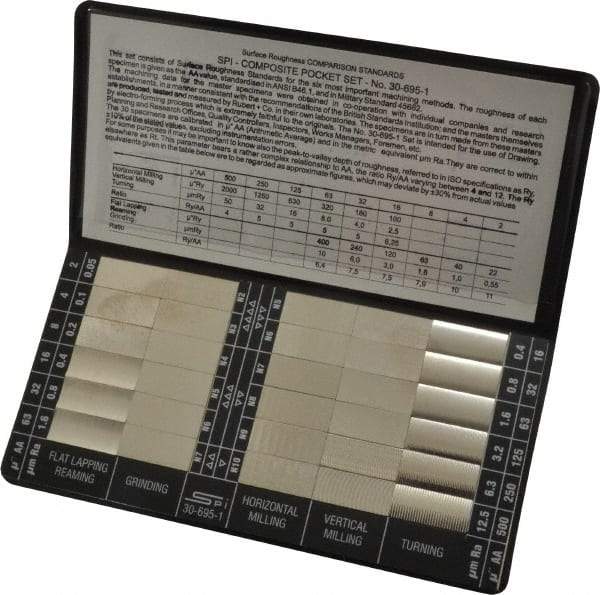 SPI - 2 to 500 Ra micro Inch Surface Finish, Nickel, Surface Finish Comparator - 30 Specimens, Includes 2, 4, 8, 16, 32, 63, 125, 250 and 500 micro Inch Surface Finishes, Includes Instructions and Case - USA Tool & Supply