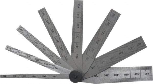 SPI - 0.1 to 0.5 Inch Measurement, 8 Leaf Taper Gage - 2-1/2 Inch Long, Tempered Steel, 0.001 Inch Graduation - USA Tool & Supply