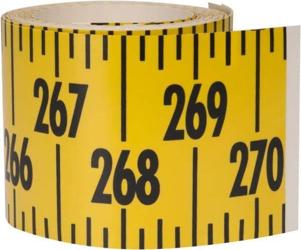 Made in USA - 22.5 Ft. Long x 3 Inch Wide, 1/4 Inch Graduation, Yellow, Mylar Adhesive Tape Measure - Reads Left to Right, Horizontal Scale - USA Tool & Supply