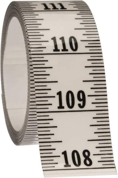 Made in USA - 12 Ft. Long x 1-1/4 Inch Wide, 1/16 Inch Graduation, Clear, Mylar Adhesive Tape Measure - Reads Bottom to Top, Vertical Rules - USA Tool & Supply