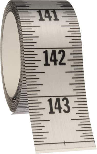 Made in USA - 12 Ft. Long x 1-1/4 Inch Wide, 1/16 Inch Graduation, Silver, Mylar Adhesive Tape Measure - Reads Top to Bottom, Vertical Rules - USA Tool & Supply