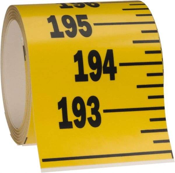 Made in USA - 20 Ft. Long x 3 Inch Wide, 1/4 Inch Graduation, Yellow, Mylar Adhesive Tape Measure - Reads Bottom to Top, Vertical Rules - USA Tool & Supply