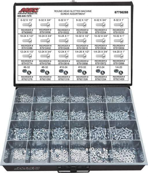Value Collection - 1,200 Piece, #6-32 to 1/4-20, Steel Machine Screw Assortment - Round Head, Slotted Drive, 1/2 to 1" Long, Grade 2 - USA Tool & Supply
