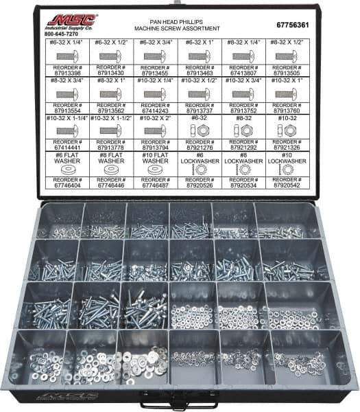 Value Collection - 1,200 Piece, #6-32 to #10-32, Steel Machine Screw Assortment - Pan Head, Phillips Drive, 1/4 to 2" Long, Grade 2 - USA Tool & Supply