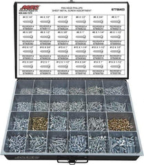Value Collection - 2,000 Piece, #4x1/4 to #10 x 1-1/4, Steel Sheet Metal Screw Assortment - Pan Head, Phillips Drive, 1/4 to 1-1/2" Long, Grade 2 - USA Tool & Supply