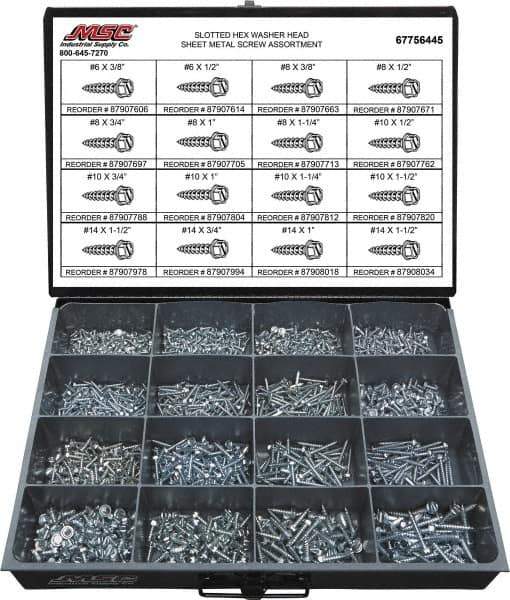 Value Collection - 1,350 Piece, #6x3/8 to #14 x 1-1/2, Steel Sheet Metal Screw Assortment - Hex Washer Head, Slotted Drive, 3/8 to 1-1/2" Long, Grade 2 - USA Tool & Supply