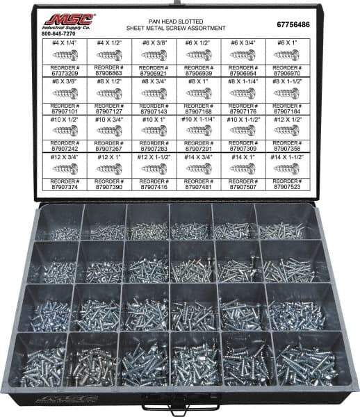 Value Collection - 2,000 Piece, #4x1/4 to #10 x 1-1/4, Steel Sheet Metal Screw Assortment - Pan Head, Slotted Drive, 1/4 to 1-1/2" Long, Grade 2 - USA Tool & Supply