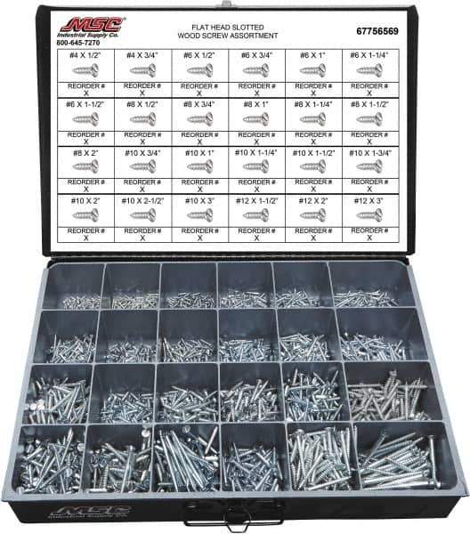 Value Collection - 2,400 Piece, #4x1/2 to #10 x 1-1/4, Steel Wood Screw Assortment - Flat Head, Slotted Drive, 1/2 to 3" Long, Grade 2 - USA Tool & Supply