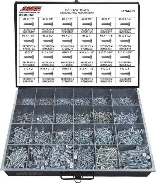 Value Collection - 2,400 Piece, #4x1/2 to #10 x 1-1/4, Steel Wood Screw Assortment - Flat Head, Phillips Drive, 1/2 to 3" Long, Grade 2 - USA Tool & Supply