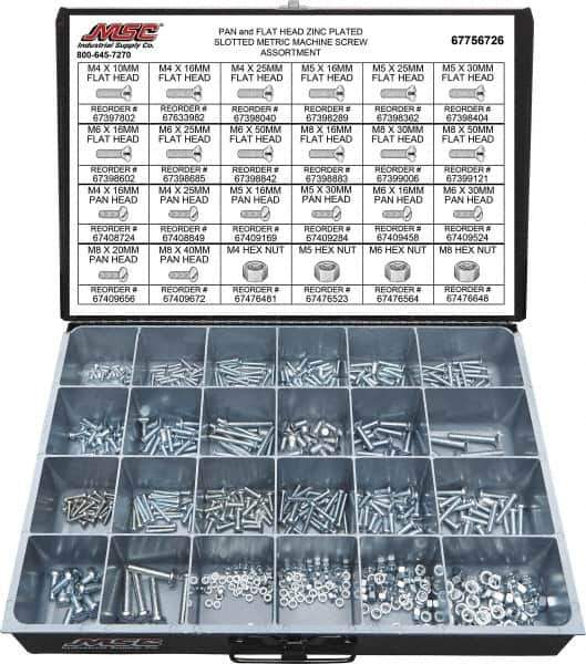 Value Collection - 590 Piece, M4x10.00 to M8x50.00, Steel Machine Screw Assortment - Flat & Pan Head, Slotted Drive, 10 to 50mm Long, Grade 2 - USA Tool & Supply