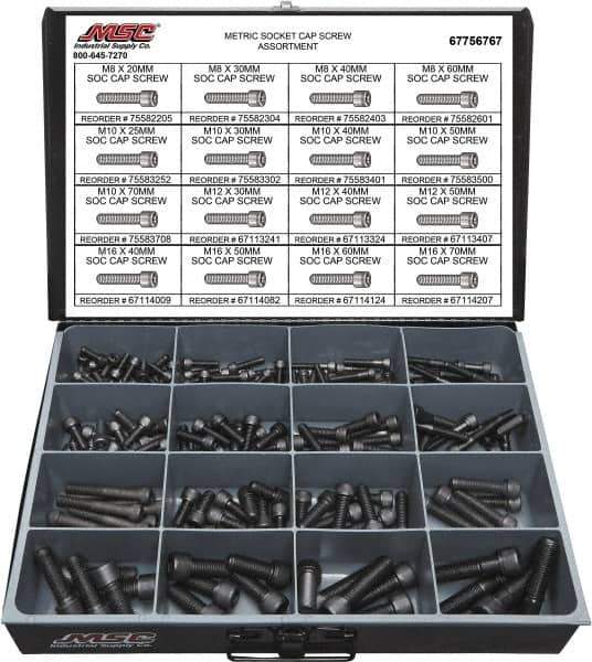 Value Collection - 168 Piece Alloy Steel Socket Head Cap Screws - M8 to M16 Thread - USA Tool & Supply