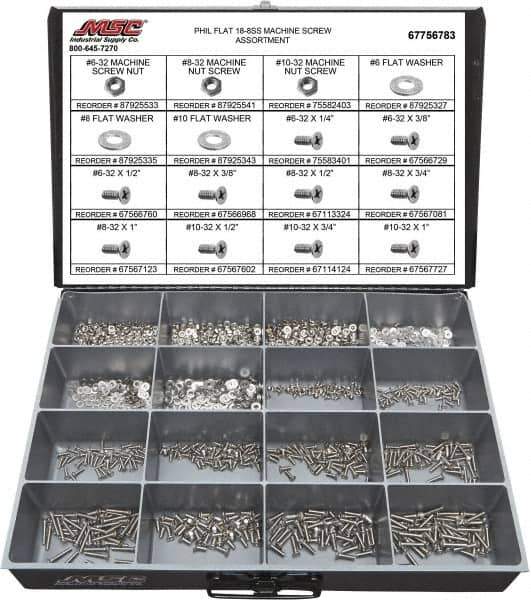 Value Collection - 1,400 Piece, #6-32 to #10-32, Stainless Steel Machine Screw Assortment - Flat Head, Phillips Drive, 1/4 to 1" Long, Grade 18-8 - USA Tool & Supply