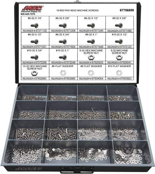 Value Collection - 1,400 Piece, #6-32 to #10-32, Stainless Steel Machine Screw Assortment - Pan Head, Phillips Drive, 1/4 to 1" Long, Grade 18-8 - USA Tool & Supply