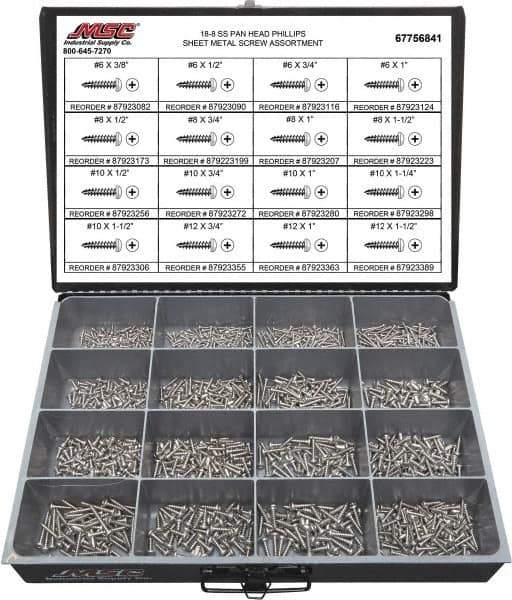 Value Collection - 1,300 Piece, #6x3/8 to #12 x 1-1/2, Stainless Steel Sheet Metal Screw Assortment - Pan Head, Phillips Drive, 3/8 to 1-1/2" Long, Grade 18-8 - USA Tool & Supply