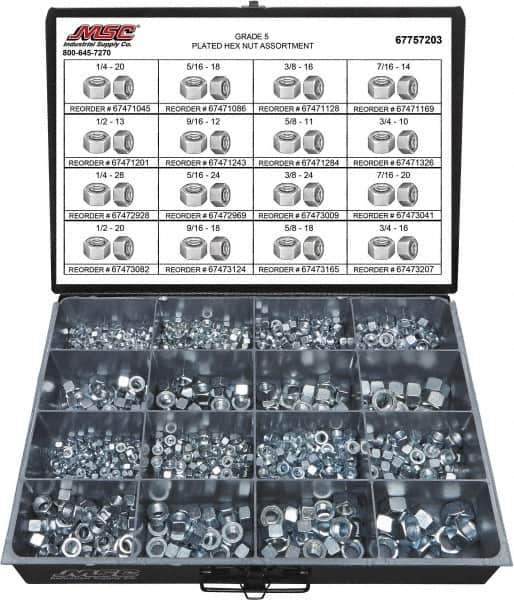 Value Collection - 1/4-20 to 3/4-16 Thread, 870 Piece Alloy Steel Nut Assortment - Grade 5 - USA Tool & Supply