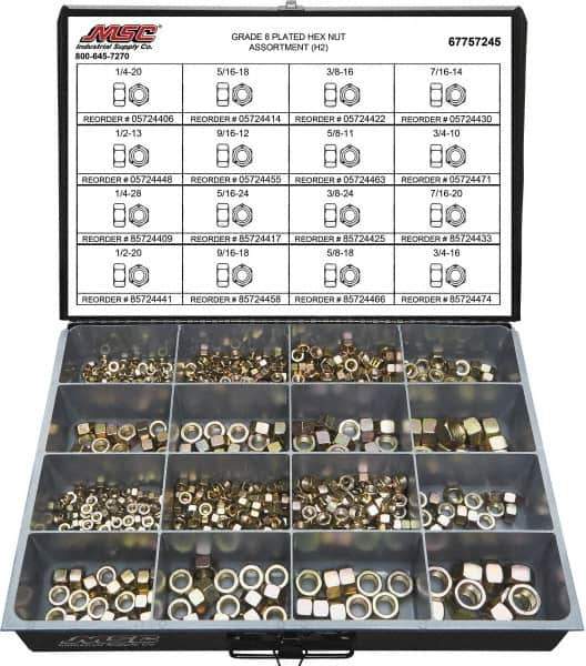 Value Collection - 1/4-20 to 3/4-16 Thread, 765 Piece Alloy Steel Nut Assortment - Grade 8 - USA Tool & Supply