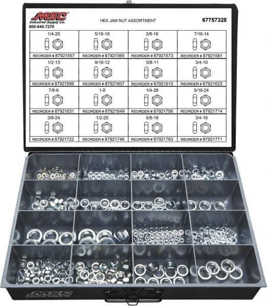 Value Collection - 1/4-20 to 3/4-16 Thread, 425 Piece Steel Nut Assortment - Grade 2 - USA Tool & Supply