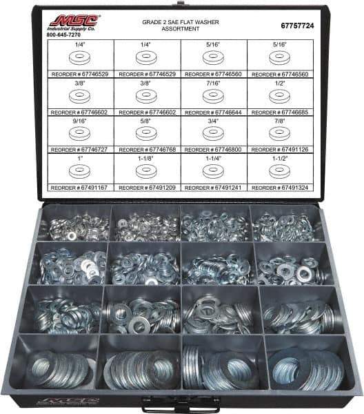 Value Collection - 1840 Piece, 1/4 to 1-1/2" Screw, Grade 2 Steel SAE Flat Washer Assortment - Includes 1/4 to 1-1/2" Screw & Compartmented Storage Case - USA Tool & Supply