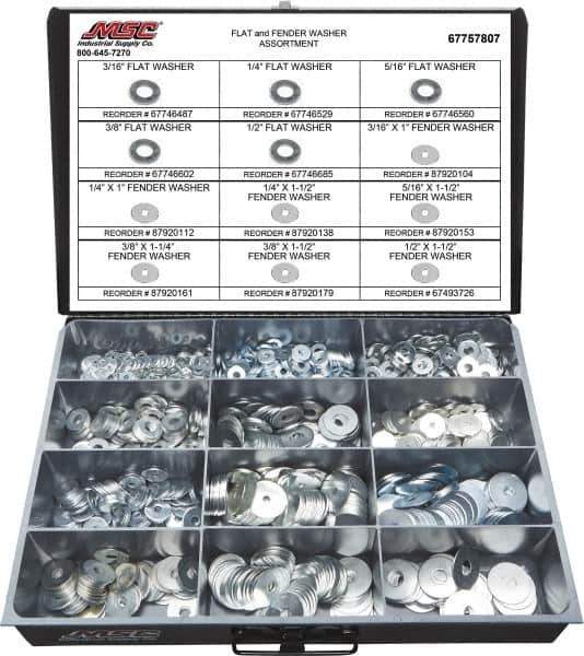 Value Collection - 1275 Piece, No. 10, 1/2" Screw, Grade 2 Steel Fender & Flat Washer Assortment - Includes 1/4 to 5/16 x 1-1/2" Screw & Compartmented Storage Case - USA Tool & Supply