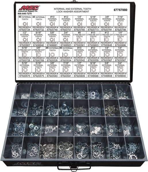 Value Collection - 2550 Piece, No. 6, 3/4" Screw, Grade 2 Steel External & Internal Tooth Lock Washer Assortment - Includes 1/4 to 12" Screw & Compartmented Storage Case - USA Tool & Supply
