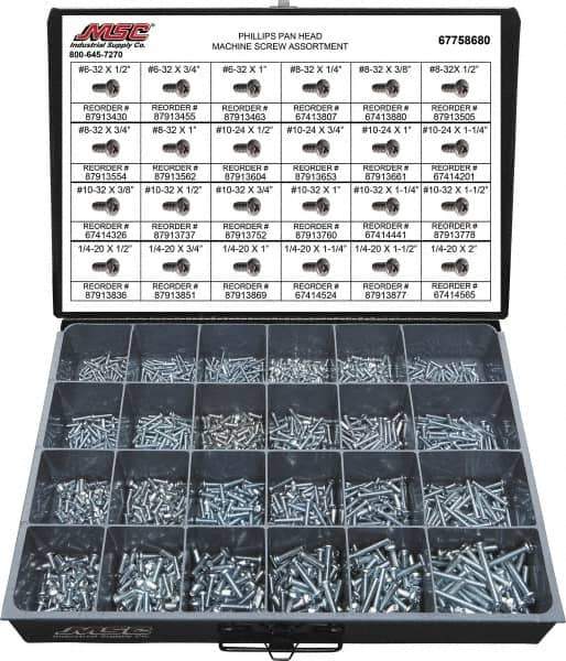 Value Collection - 1,200 Piece, #6-32 to 1/4-20, Steel Machine Screw Assortment - Pan Head, Phillips Drive, 1/2 to 2" Long, Grade 2 - USA Tool & Supply