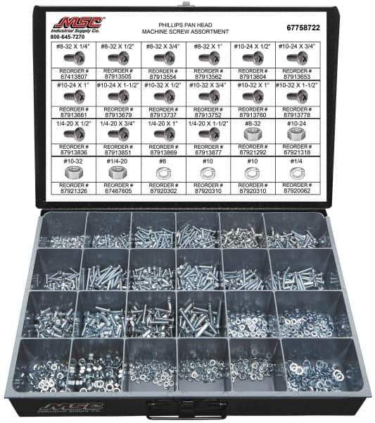 Value Collection - 1,975 Piece, #8-32 to 1/4-20, Steel Machine Screw Assortment - Pan Head, Phillips Drive, 1/4 to 1-1/2" Long, Grade 2 - USA Tool & Supply