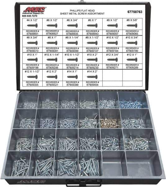 Value Collection - 1,200 Piece, #4x1/2 to #10x2, Steel Sheet Metal Screw Assortment - Flat Head, Phillips Drive, 1/2 to 2" Long, Grade 2 - USA Tool & Supply