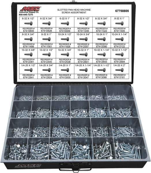 Value Collection - 2,100 Piece, #6-32 to 1/4-20, Steel Machine Screw Assortment - Pan Head, Slotted Drive, 1/2 to 2" Long, Grade 2 - USA Tool & Supply