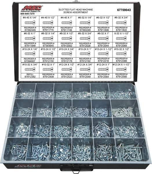 Value Collection - 1,500 Piece, #4-40 to #12-24, Steel Machine Screw Assortment - Flat Head, Slotted Drive, 1/4 to 1-1/2" Long, Grade 2 - USA Tool & Supply