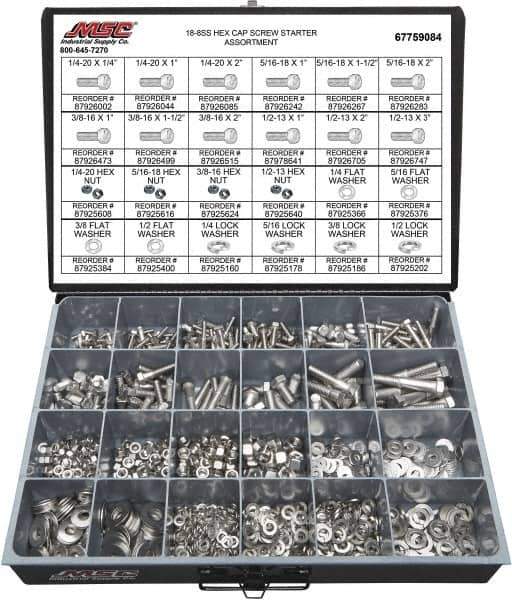 Value Collection - 1,350 Piece Stainless Steel Hex Head Cap Screws - 1/4-20 to 1/2-13 Thread, 18-8 - USA Tool & Supply