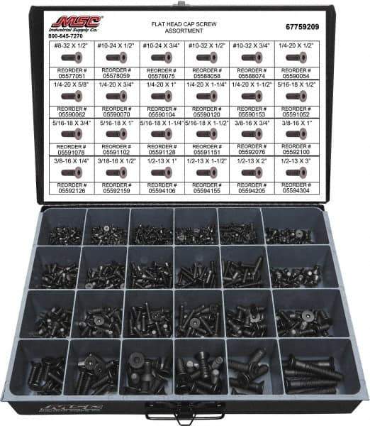 Value Collection - 965 Piece Alloy Steel Flat Head Cap Screws - #8-32 to 1/2-13 Thread - USA Tool & Supply