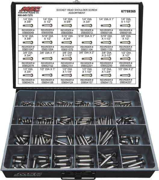 Value Collection - 190 Piece, 1/4x3/8 to 3/8 x 1-1/2, Alloy Steel Shoulder Screw Assortment - Socket Cap Head, Hex Socket Drive, 3/8 to 2" Long - USA Tool & Supply
