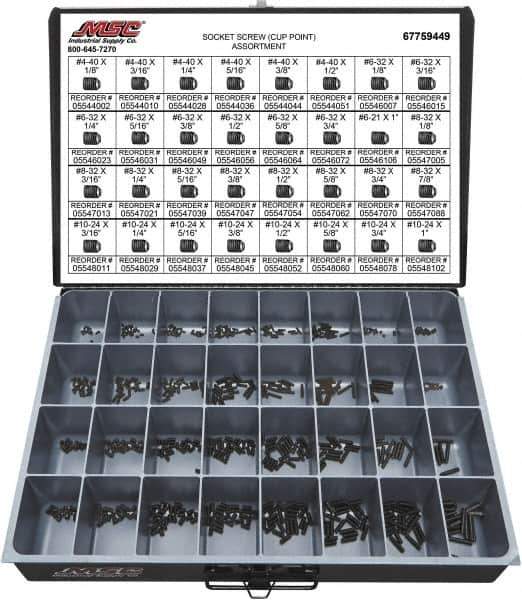 Value Collection - 710 Piece, #4-40 to #10-24, Alloy Steel Set Screw Assortment - Hex Head, Hex Socket Drive, 1/8 to 1" Long - USA Tool & Supply