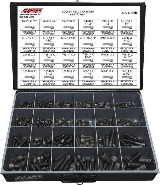 Value Collection - 375 Piece Alloy Steel Socket Head Cap Screws - 1/4-20 to 5/8-11 Thread - USA Tool & Supply