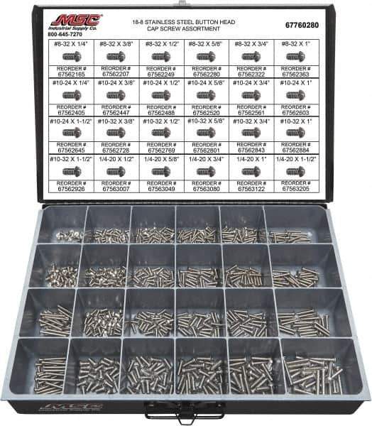 Value Collection - 800 Piece Stainless Steel Button Head Cap Screws - #8-32 to 1/4-20 Thread, 18-8 - USA Tool & Supply