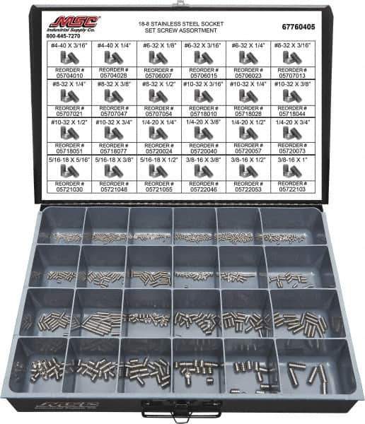 Value Collection - 685 Piece, #4-40 to 3/8-16, Stainless Steel Set Screw Assortment - Hex Head, Hex Socket Drive, 3/16 to 1" Long, Grade 18-8 - USA Tool & Supply