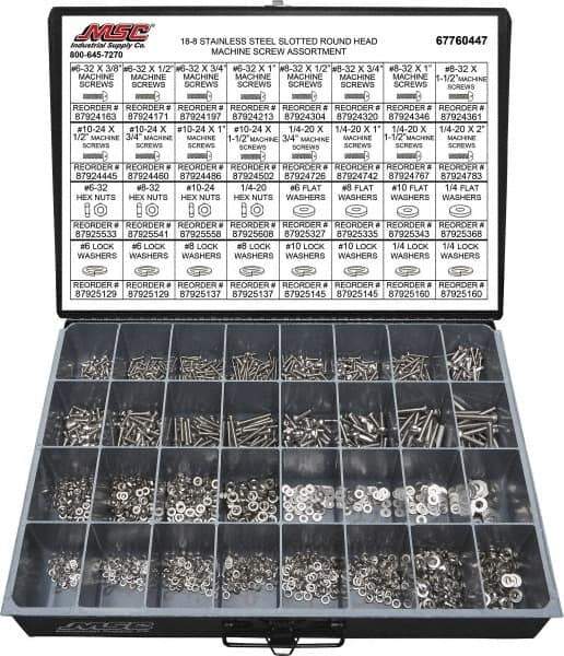 Value Collection - 2,200 Piece, #6-32 to 1/4-20, Stainless Steel Machine Screw Assortment - Round Head, Slotted Drive, 1/2 to 2" Long, Grade 18-8 - USA Tool & Supply
