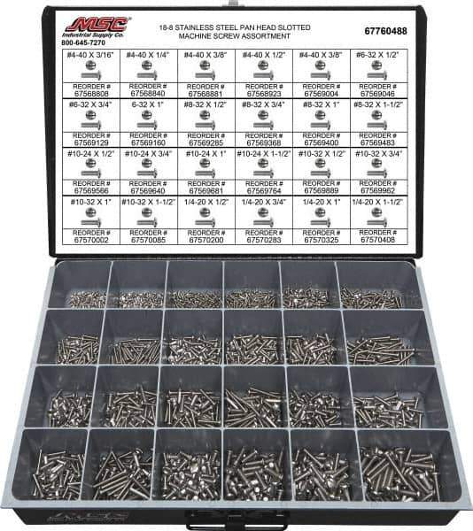 Value Collection - 1,950 Piece, #4-40 to 1/4-20, Stainless Steel Machine Screw Assortment - Pan Head, Slotted Drive, 3/16 to 1-1/2" Long, Grade 18-8 - USA Tool & Supply