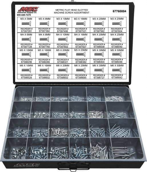 Value Collection - 820 Piece, M3x5.00 to M5x25.00, Steel Machine Screw Assortment - Flat Head, Slotted Drive, 5 to 50mm Long, Grade 2 - USA Tool & Supply