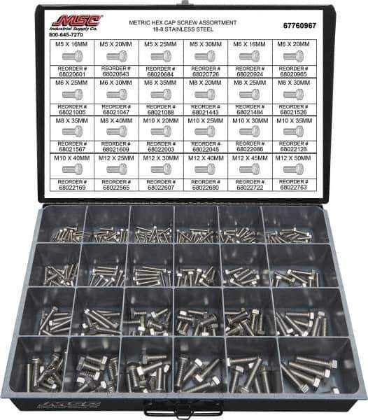 Value Collection - 330 Piece Stainless Steel Hex Head Cap Screws - M5 to M12 Thread, 18-8 - USA Tool & Supply